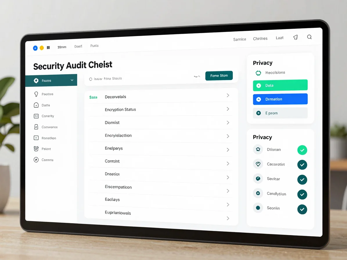 Screen render showing security audit checklist, data encryption s